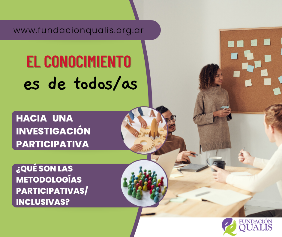 Diapositiva colores verde y morado. Título: el conocimiento es de todos/as. Hacia una investigación participativa. ¿Qué son las metodologías participativas/inclusivas?