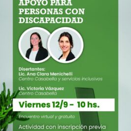 Flyer del evento con la información del seminario. INTELIGENCIA ARTIFICIAL COMO TECNOLOGÍA DE APOYO PARA PERSONAS CON DISCAPACIDAD. debajo las fotos de las disertantes. Ana Menichelli y Victoria Vazquez. Viernes 12/09 a las 10 hs. Encuentro virtual gratuito. Actividad con inscripción previa. Te esperamos. AMIA social